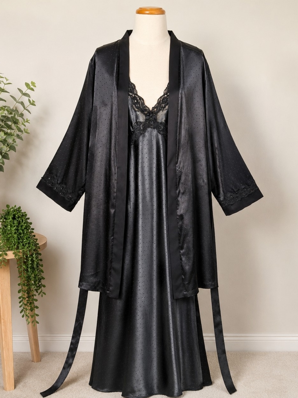 Vintage Linea Donatella Black Satin Robe Gown Set Lace Embellished L XL